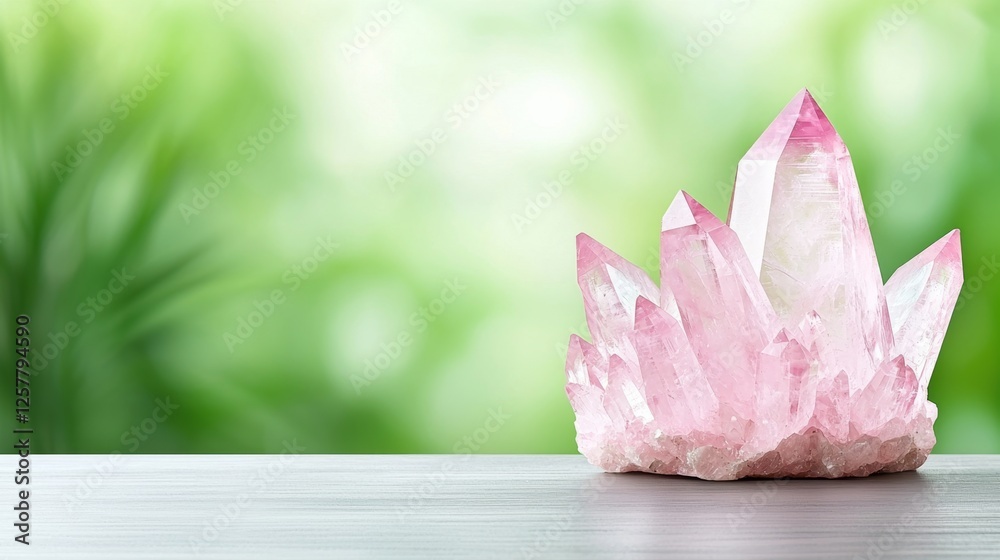 Sticker A pink crystal on a wooden table with a green background