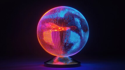 Creative 3d rendering sphere made of neon dots. Global network connection. Globe Grid. Worldwide communication. Futuristic earth globe. Science, technology and illustration on dark backdrop