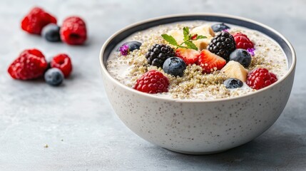 Gluten ingredients and digestive, A cozy bowl of oatmeal topped with fresh berries and a sprinkle of seeds, perfect for a nutritious breakfast.