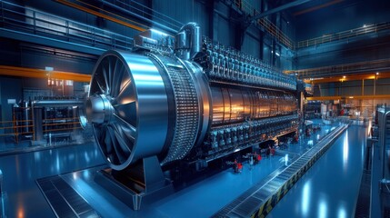 Obraz premium Large industrial gas turbine engine in power plant.
