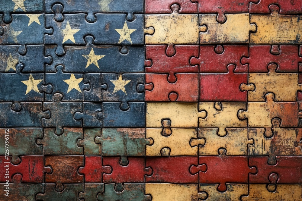 Aufkleber unique jigsaw puzzle combining colors and symbols of the american and spanish flags arranged in a cr