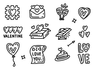 Valentine Day doodles with holiday symbols, hearts, gifts. Hand drawn graphic romantic design elements. 