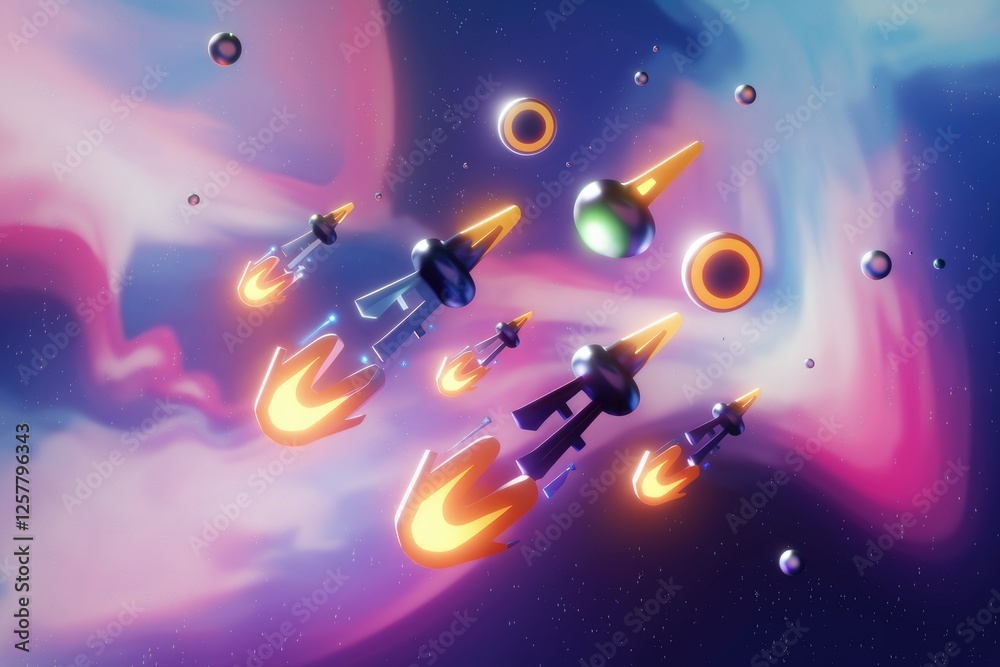 Aufkleber stylized spaceships soar through a vibrant nebula, leaving fiery trails in their wake.