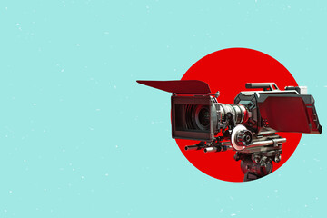 Modern digital film camera. Vintage cinema poster. Contemporary flat design art collage.