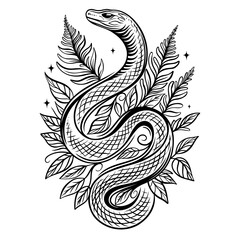 Ausmalbild mit Schlange und Blättern - Jahr der Schlange Design. Tattoo Outlines.