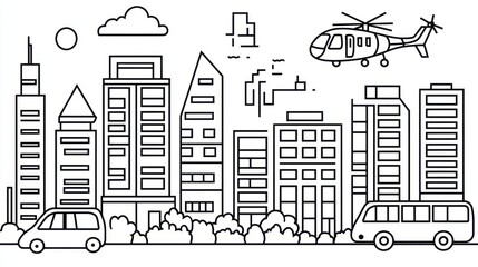 Obraz premium Cityscape helicopter rescue line art illustration