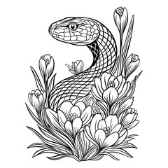 Ausmalbild mit Schlange und Krokusse im Frühling - Jahr der Schlange Design. Tattoo Outlines.