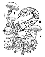 Ausmalbild mit Schlange und Pilzen - Jahr der Schlange Herbst Design. Tattoo Outlines.