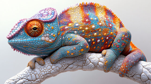 a colorful chamel sitting on a branch