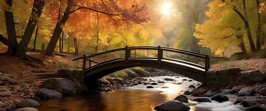 A charming little bridge crossing over a babbling stream surrounded by autumn leaves that invite playful interactions with nature - Powered by Adobe