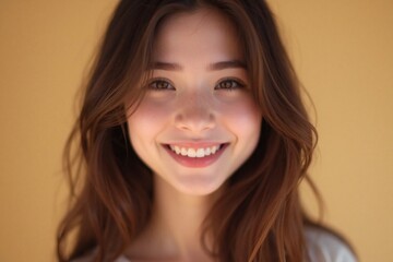 Fototapeta premium young woman with radiant smile long dark brown hair studio style