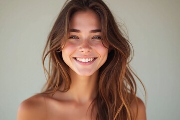 Naklejka premium young woman with radiant smile long wavy hair
