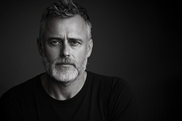Obraz premium Middle-aged man with stylish beard and serious expression poses against dark background in studio setting