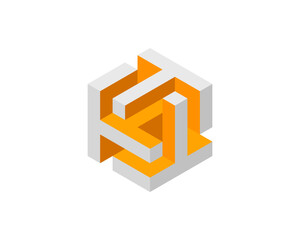 Abstract isometric cube design.  Interlocking orange and grey shapes create a complex yet balanced visual.  Represents connection, innovation, and intricate solutions.