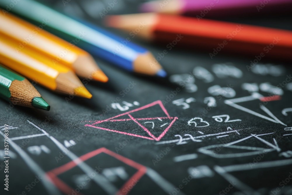 Poster colorful pencils arranged near mathematical equations on a black surface create an engaging study en
