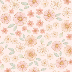 Small delicate hand drawn pink flowers on  beige