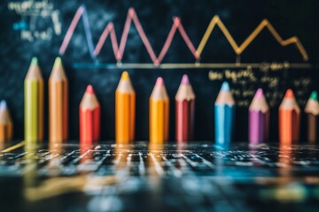 Colorful pencils arranged in a row in front of a blackboard with graph and mathematical equations during a study session
