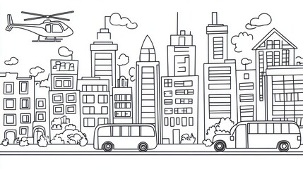 Obraz premium Helicopter over city skyline, buses on street, illustration