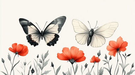 Elegant black white butterflies hover gently above orange poppies soft light. AI Generated