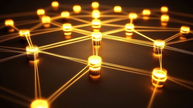 Interconnected glowing nodes representing network connectivity and data flow - Powered by Adobe