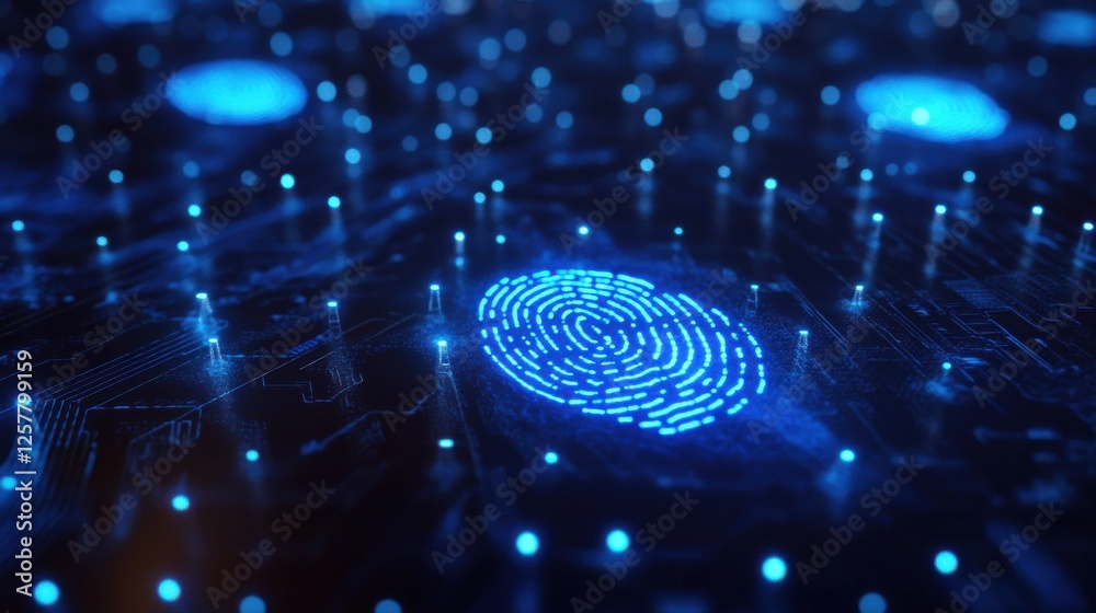 Poster glowing blue digital fingerprint holograms hovering above a global network of connected nodes repres
