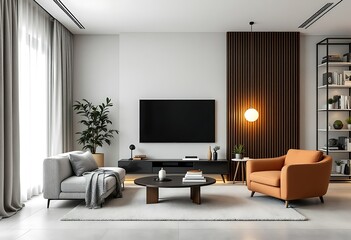 Modern living room interior design, cozy apartment, wooden wall, relaxing atmosphere, home decor