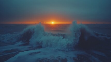 Fototapeta premium Ocean sunset waves crashing beach dramatic sky