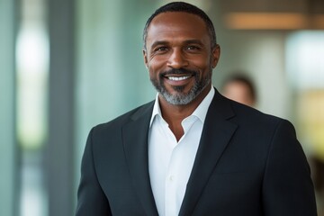 Fototapeta premium Confident businessman smiles warmly while dressed in a suit in a modern office setting during daylight