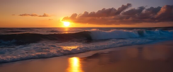 Fototapeta premium A captivating sunset illuminating beaches and ocean waves evoking feelings of serenity and the beauty that comes each day
