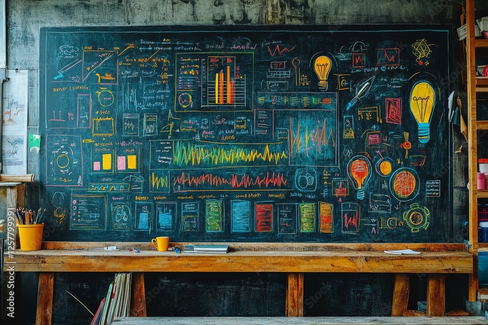 Aufkleber colorful chalkboard filled with data visualizations and illustrations in a creative workspace settin