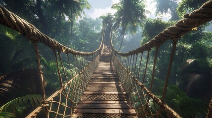 Fototapeta premium Jungle Rope Bridge Sunlight Dappled Path Adventure. AI Generated