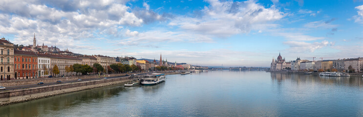 Panorama of River Danube in autumn overcast morning in Budapest