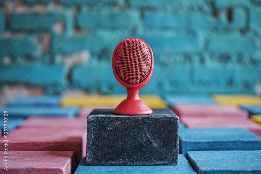 Poster Bright red microphone stands out on colorful blocks in artistic display