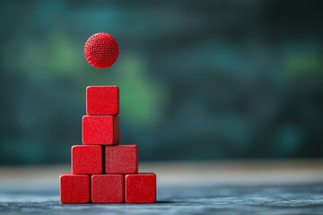 Building a pyramid with red blocks and a floating ball in a calm environment