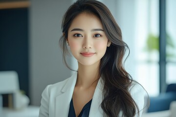 Fototapeta premium Professional woman in a modern office setting smiling confidently with long hair