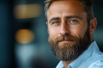 Fototapeta premium Man with a thick beard and bright blue eyes smiles warmly while seated indoors in a modern setting