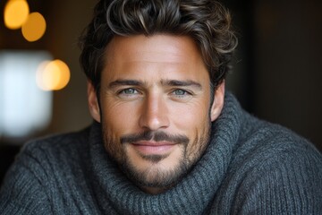 Handsome man with curly hair in a cozy sweater relaxing indoors during a warm afternoon