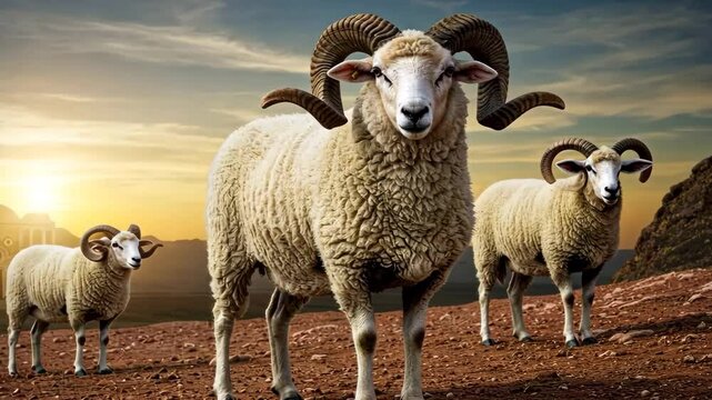 Three rams, herd of sheep in mountain landscape at sunset, animal portrait in nature, livestock and wildlife concept