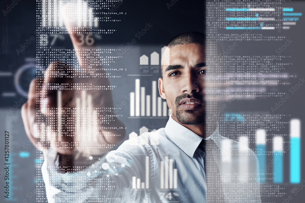 Aufkleber overlay, click and man in office for business, finance management or investment option at night. tra