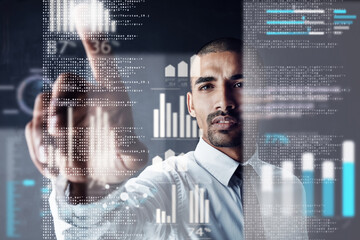 Overlay, click and man in office for business, finance management or investment option at night. Trader, interactive dashboard and graphs in hologram for data analysis, choice and future tech in dark