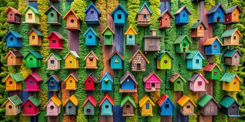 Fototapeta premium Aerial View of Stacked Birdhouses, Eco-Friendly Bird Housing, Rows of Bird Homes, Nature Conservation, Wildlife Habitat