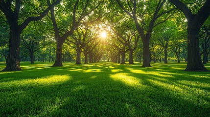 Obraz premium Serene sunlit forest with vibrant green grass and trees casting long shadows in a park