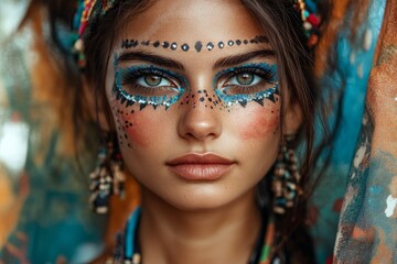 Obraz premium Vibrant face paint highlights cultural celebration with intricate detailing during a summer festival
