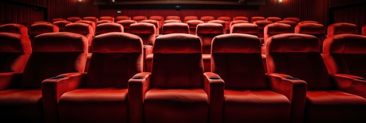 Empty cinema hall with plush red seating, dim lighting, and a warm ambiance, ideal for movie enthusiasts seeking a cozy viewing experience