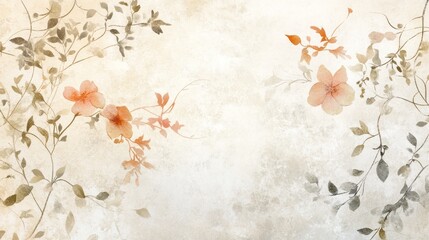 Watercolor floral design with peach blossoms and foliage on textured background.