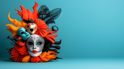 Fototapeta premium Whimsical assortment of carnival style costumes masks and disguises for vibrant dress up fun featuring colorful and fantastical designs with intricate patterns and textures