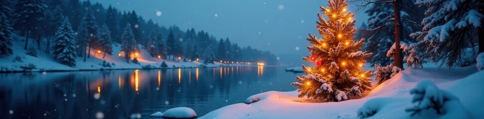 Snowy waterfront, pine tree glows with Christmas lights , pine, beautiful