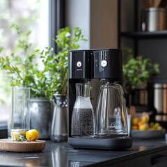 Modern kitchen setup showcasing a sleek soda maker with refreshing lemonade and fresh ingredients on the countertop. Generative AI