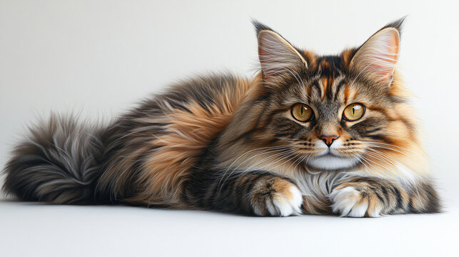 a fluffy cat laying down on a white surface
