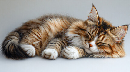 Fototapeta premium a fluffy cat sleeping on a white surface